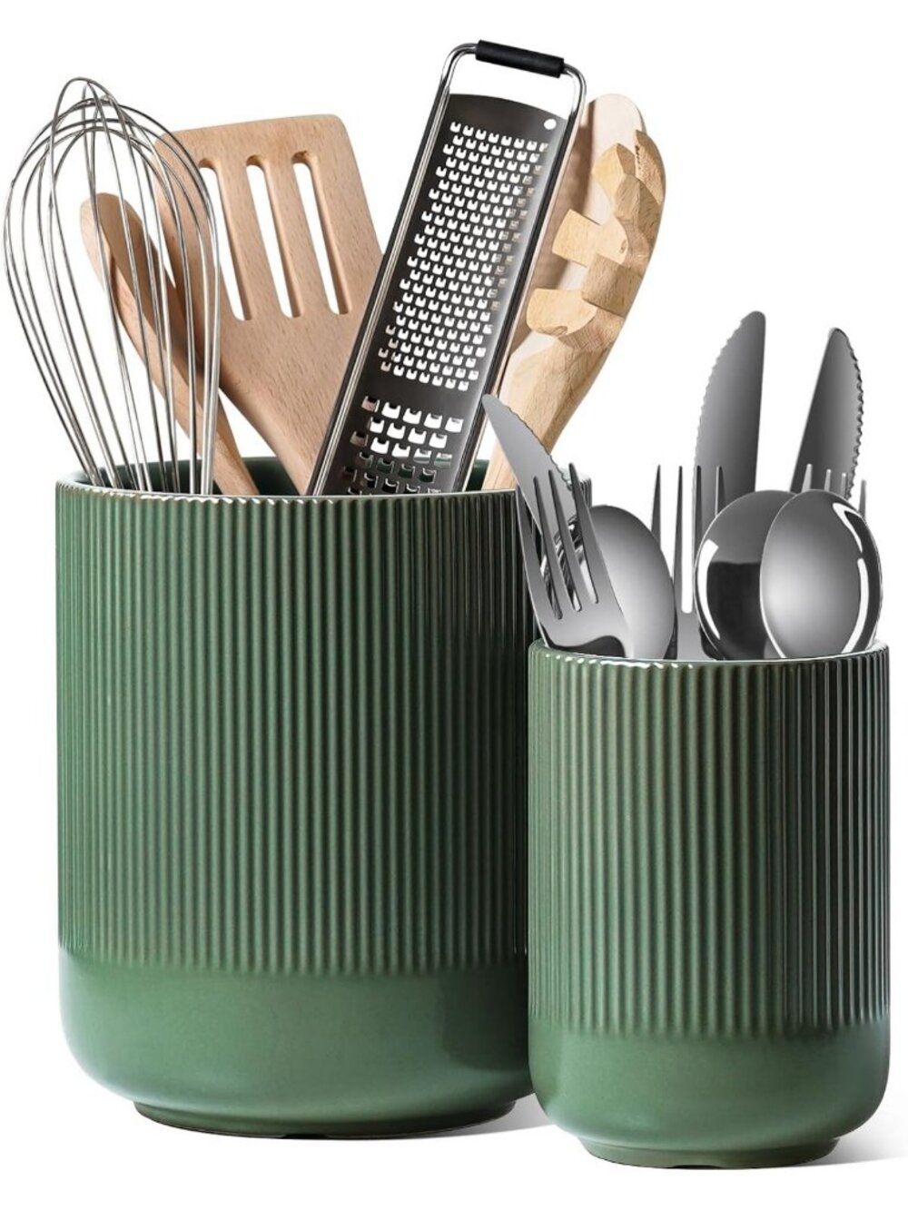 Stylish Ceramic Utensil Holder for Kitchen Counter, 7.3" x 5.4", Forest Green